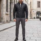 Men's Fleece-Lined Faux Leather Moto Jacket with Quilted Panels, Black, full-body lifestyle