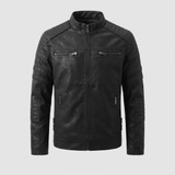 Men's Fleece-Lined Faux Leather Moto Jacket with Quilted Panels, Black, studio front