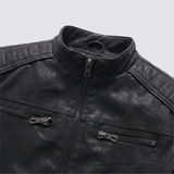 Men's Fleece-Lined Faux Leather Moto Jacket with Quilted Panels, Black, collar detail