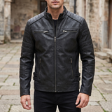 Men's Fleece-Lined Faux Leather Moto Jacket with Quilted Panels, Black, three-quarter lifestyle