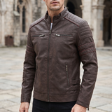 Men's Fleece-Lined Faux Leather Moto Jacket with Quilted Panels, Coffee, three-quarter lifestyle