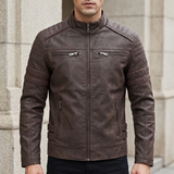 Men's Fleece-Lined Faux Leather Moto Jacket with Quilted Panels, Coffee, front lifestyle
