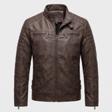 Men's Fleece-Lined Faux Leather Moto Jacket with Quilted Panels, Coffee, studio front