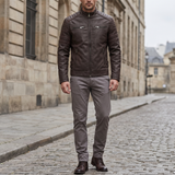 Men's Fleece-Lined Faux Leather Moto Jacket with Quilted Panels, Coffee, full-body lifestyle