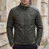 Men's Fleece-Lined Faux Leather Moto Jacket with Quilted Panels, Army Green, front lifestyle