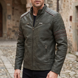Men's Fleece-Lined Faux Leather Moto Jacket with Quilted Panels, Army Green, three-quarter lifestyle