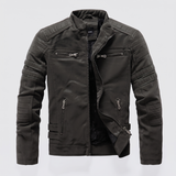 Men's Fleece-Lined Faux Leather Moto Jacket with Quilted Panels, Army Green, studio front