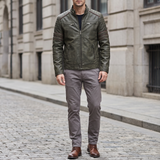 Men's Fleece-Lined Faux Leather Moto Jacket with Quilted Panels, Army Green, full-body lifestyle