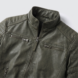 Men's Fleece-Lined Faux Leather Moto Jacket with Quilted Panels, Army Green, collar detail