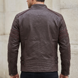 Men's Fleece-Lined Faux Leather Moto Jacket with Quilted Panels, Coffee, plain back, on model