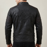 Men's Fleece-Lined Faux Leather Moto Jacket with Quilted Panels, Black, eagle embroidered back, on model