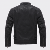 Men's Fleece-Lined Faux Leather Moto Jacket with Quilted Panels, Black, plain back, studio rear