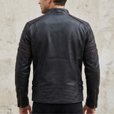 Men's Fleece-Lined Faux Leather Moto Jacket with Quilted Panels, Black, plain back, on model