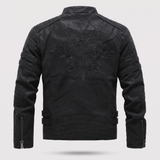 Men's Fleece-Lined Faux Leather Moto Jacket with Quilted Panels, Black, eagle embroidered back, studio rear
