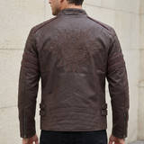 Men's Fleece-Lined Faux Leather Moto Jacket with Quilted Panels, Coffee, eagle embroidered back, on model