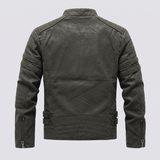 Men's Fleece-Lined Faux Leather Moto Jacket with Quilted Panels, Army Green, plain back, studio rear