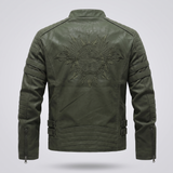 Men's Fleece-Lined Faux Leather Moto Jacket with Quilted Panels, Army Green, eagle embroidered back, studio rear