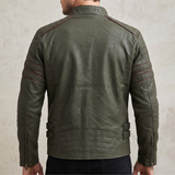 Men's Fleece-Lined Faux Leather Moto Jacket with Quilted Panels, Army Green, plain back, on model