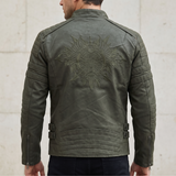 Men's Fleece-Lined Faux Leather Moto Jacket with Quilted Panels, Army Green, eagle embroidered back, on model