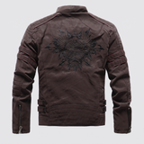 Men's Fleece-Lined Faux Leather Moto Jacket with Quilted Panels, Coffee, eagle embroidered back, studio rear