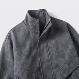Men's Suede-Effect Zip Bomber Jacket with Stand Collar, Charcoal, collar detail