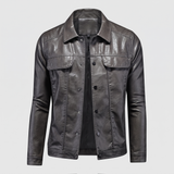 Men's Faux Leather Snap-Front Trucker Jacket, Gray, studio front
