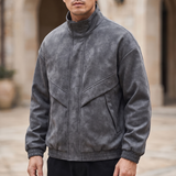 Men's Suede-Effect Zip Bomber Jacket with Stand Collar, Charcoal, three-quarter lifestyle