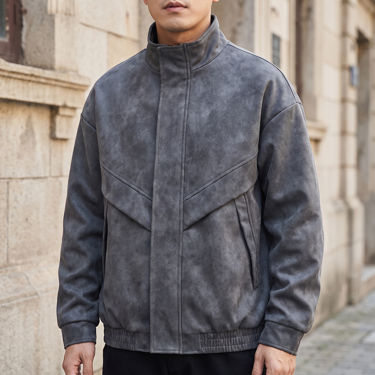 Men's Suede-Effect Zip Bomber Jacket with Stand Collar, Charcoal, front lifestyle