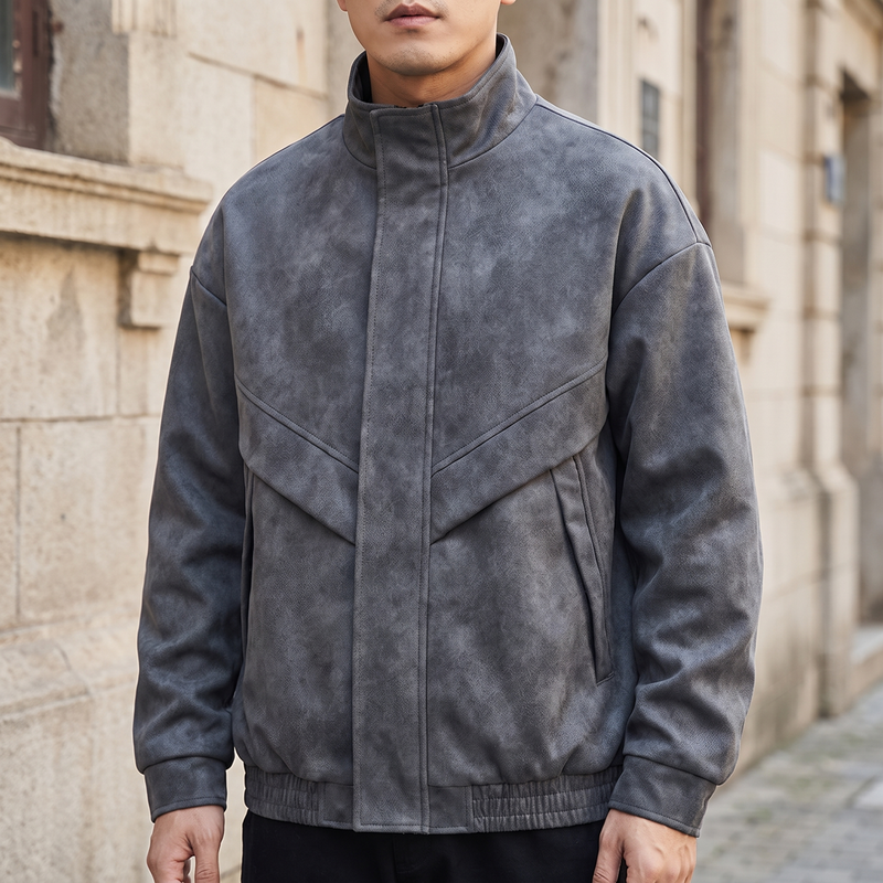 Men's Suede-Effect Zip Bomber Jacket with Stand Collar, Charcoal, front lifestyle