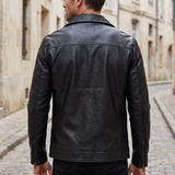Men's Faux Leather Zip Trucker Jacket with Flap Pockets, Black, rear on model