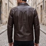 Men's Faux Leather Zip Trucker Jacket with Flap Pockets, Coffee, rear on model