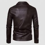 Men's Faux Leather Zip Trucker Jacket with Flap Pockets, Coffee, studio rear