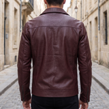 Men's Faux Leather Zip Trucker Jacket with Flap Pockets, Burgundy, rear on model
