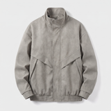 Men's Suede-Effect Zip Bomber Jacket with Stand Collar, Stone, studio front