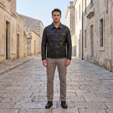 Men's Faux Leather Snap-Front Trucker Jacket, Black, full-body lifestyle