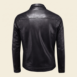 Men's Point-Collar Faux Leather Trucker Jacket with Snap Front, Black, studio rear