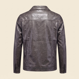 Men's Point-Collar Faux Leather Trucker Jacket with Snap Front, Gray, studio rear