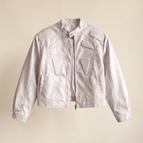 Men's Cropped Faux Leather Jacket with Panelled Shoulders, White, isolated studio front