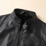 Men's Slim Faux Leather Racer Jacket, Black, collar detail