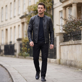 Men's Slim Faux Leather Racer Jacket, Black, full-body lifestyle