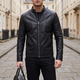 Men's Slim Faux Leather Racer Jacket, Black, three-quarter lifestyle