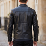 Men's Slim Faux Leather Racer Jacket, Black, rear on model