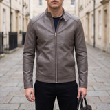 Men's Slim Faux Leather Racer Jacket, Taupe, three-quarter lifestyle