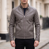 Men's Slim Faux Leather Racer Jacket, Taupe, front lifestyle