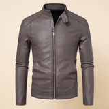 Men's Slim Faux Leather Racer Jacket, Taupe, isolated front