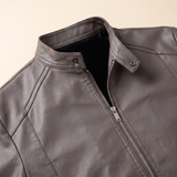 Men's Slim Faux Leather Racer Jacket, Taupe, collar detail