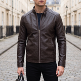 Men's Slim Faux Leather Racer Jacket, Dark Brown, three-quarter lifestyle