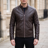 Men's Slim Faux Leather Racer Jacket, Dark Brown, front lifestyle