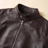 Men's Slim Faux Leather Racer Jacket, Dark Brown, collar detail