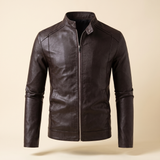 Men's Slim Faux Leather Racer Jacket, Dark Brown, isolated front
